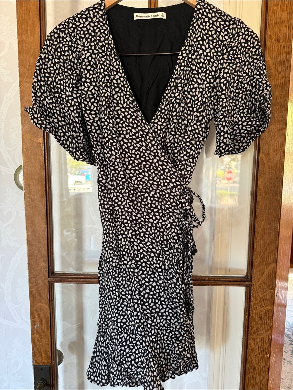 Abercrombie & Fitch Black and White Printed Wrap Midi Dress